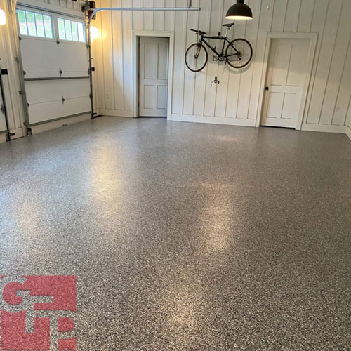 Epoxy Garage Floor Flake Chips with Hanging Bicycle