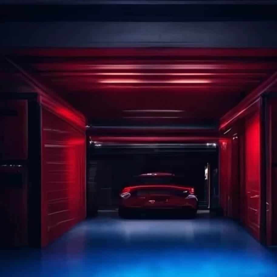 Sports Car in Red Garage with Blue Epoxy Floor