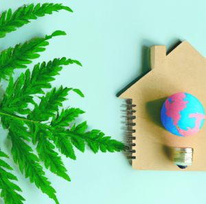 A plant next to an earth light bulb in a cardboard cutout house