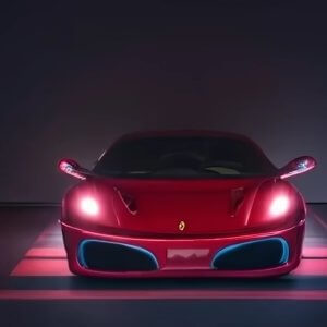 Red car inside dark room with lights underneath