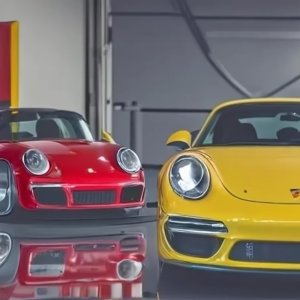 Red and yellow car in garage