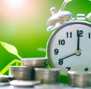 Alarm clock with coins stacked next to it