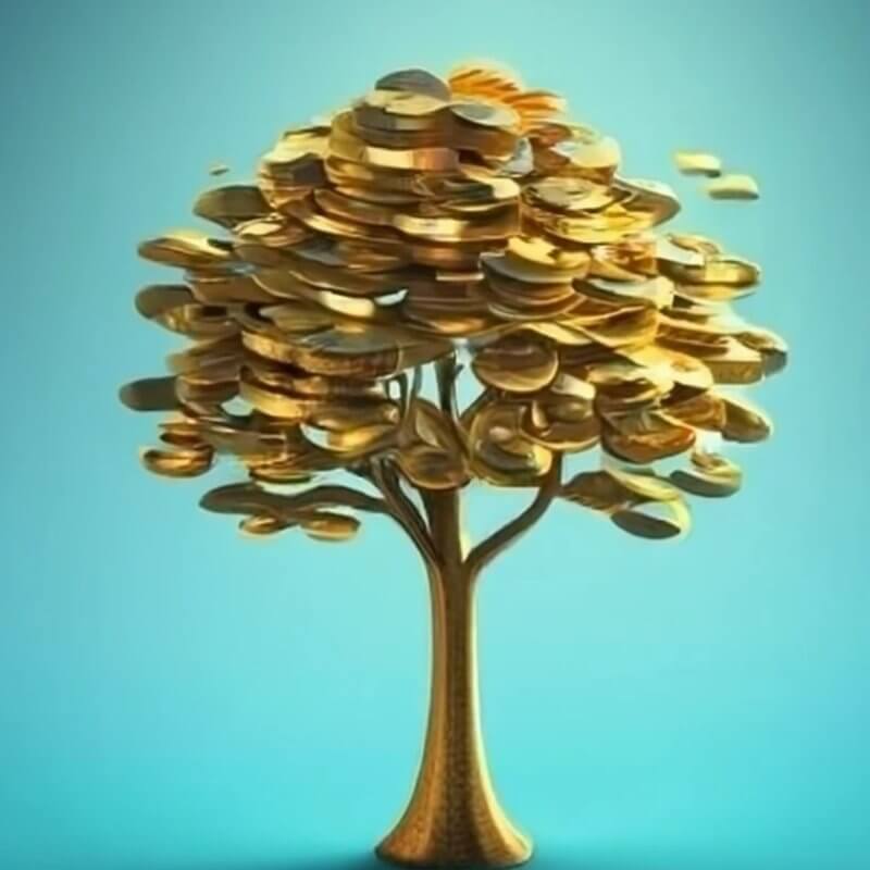 Tree made up of gold coins with teal background